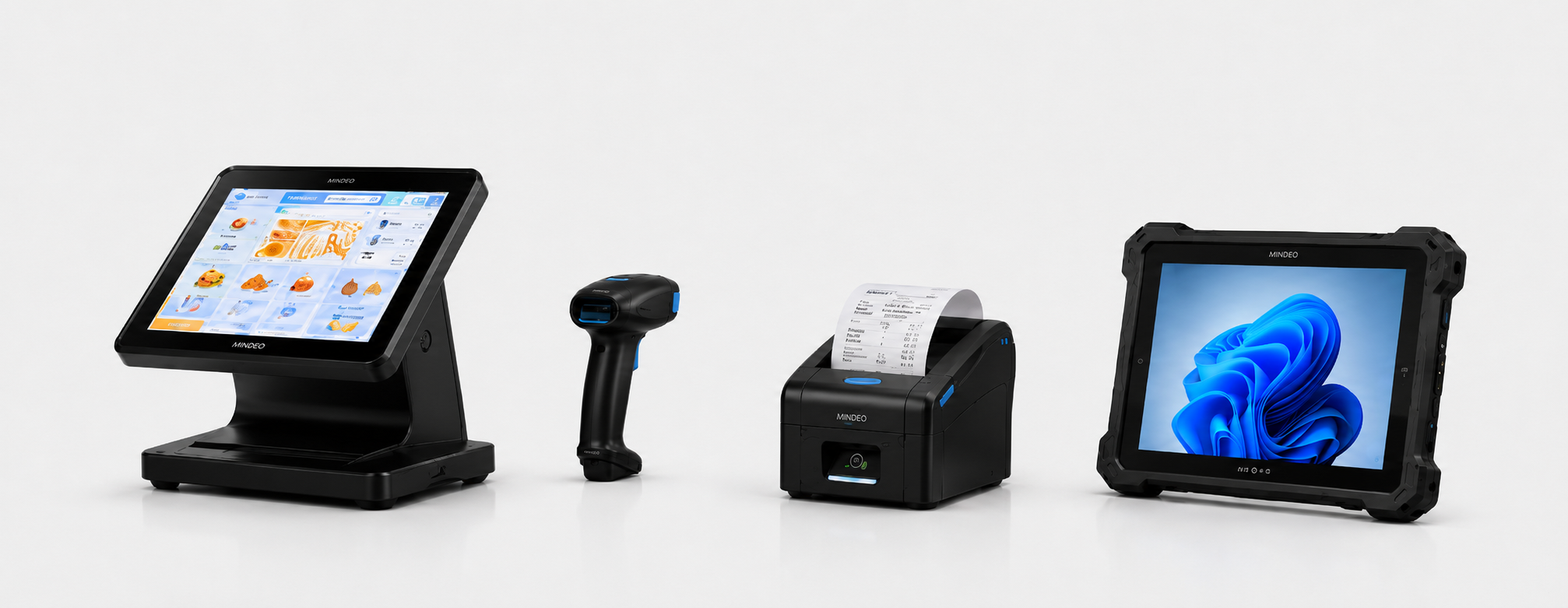 Hardware lineup — POS terminal, barcode scanner, receipt printer, and rugged tablet